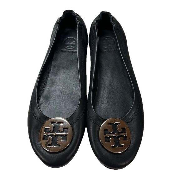 Tory Burch Women Minnie Travel Ballet Flats Black Leather Gold Size 11 Designer - Picture 1 of 14